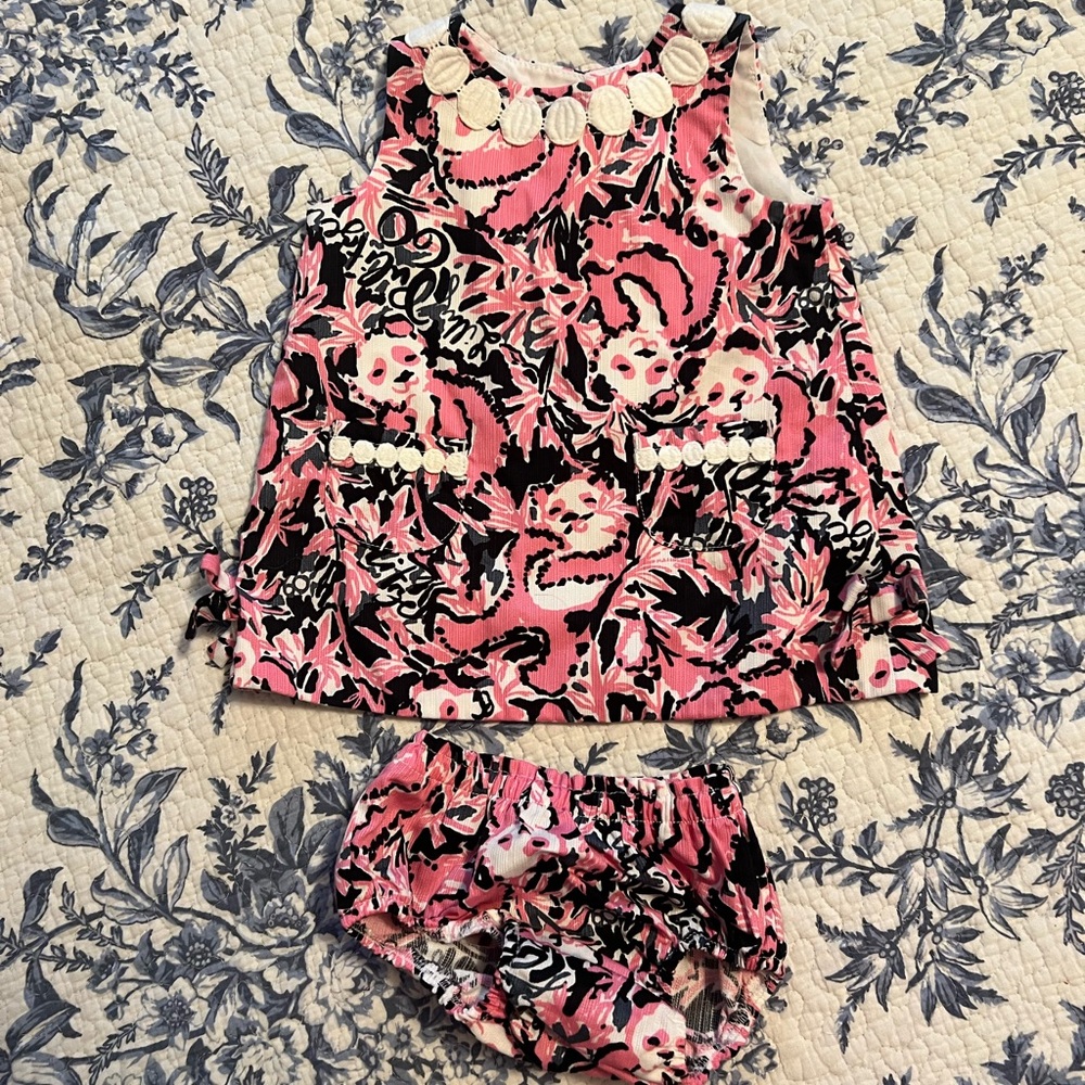 Lilly Pulitzer Pandemonium Panda Print Bloomer Dress Set 6-12 months